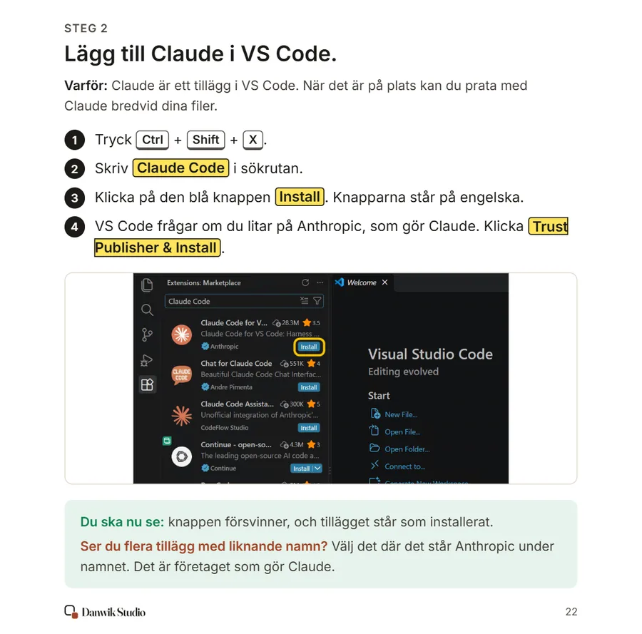 Ett steg i modul 2: lägg till Claude i VS Code, med skärmbild där knappen Install är markerad.