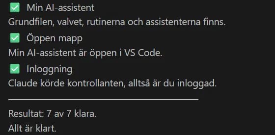 Kontrollanten med gröna bockar och resultatet 7 av 7 klara.
