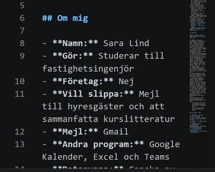 Grundfilen med avsnittet Om mig: namn, vad hon gör och vad hon vill slippa.