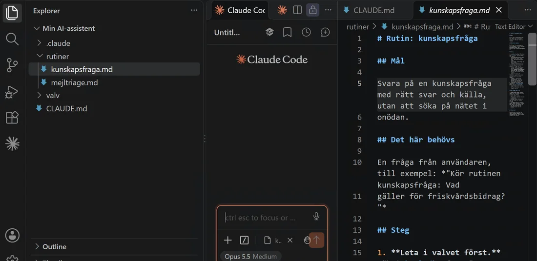 Rutinen kunskapsfråga öppen i VS Code: svara med rätt svar och källa.